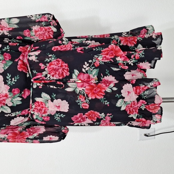 Floral NEW Black Red, Pink Wrap Ruffle Hem Flowy Boho Skater Dress Plus Size 3X - Picture 4 of 16